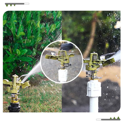 Zinc alloy adjustable rocker arm sprinkler head with 360-degree rotation for lawn irrigation and garden watering system.