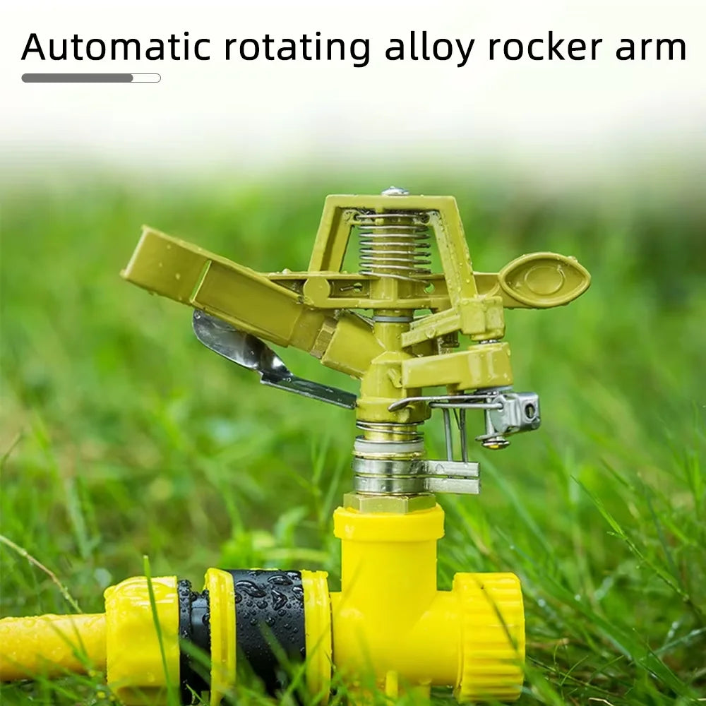 Zinc alloy adjustable rocker arm sprinkler head with 360-degree rotation for lawn irrigation and garden watering system.