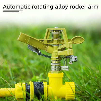 Zinc alloy adjustable rocker arm sprinkler head with 360-degree rotation for lawn irrigation and garden watering system.
