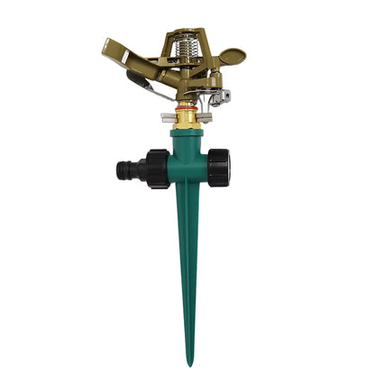 Zinc alloy adjustable rocker arm sprinkler head with 360-degree rotation for lawn irrigation and garden watering.