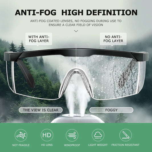 Clear anti-fog safety glasses by BACKUPMYFILESNOW.COM® with wide vision, over-spec design, ANSI Z87 approved, suitable for industrial and lab use.