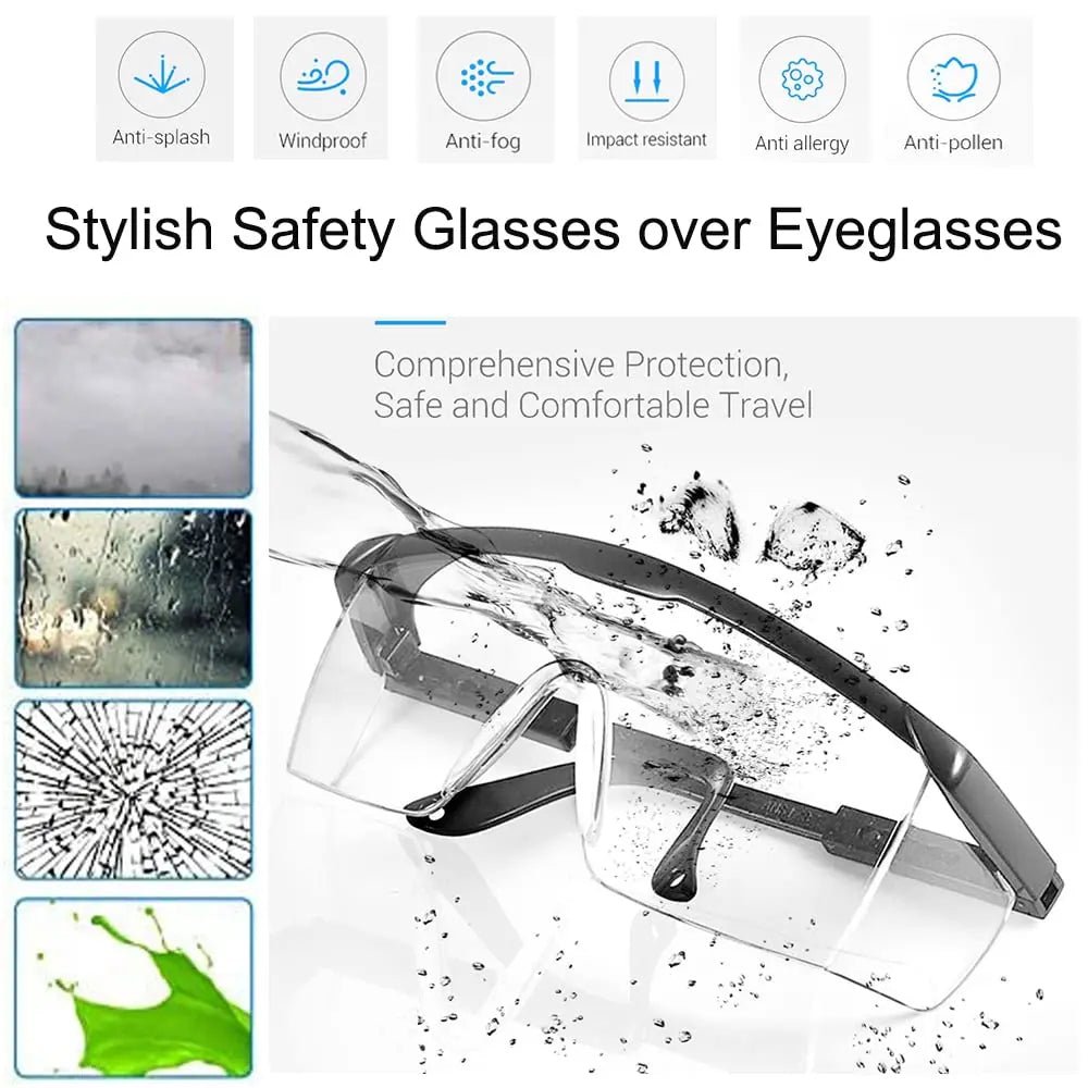 Clear anti-fog safety goggles by BACKUPMYFILESNOW.COM®, protective eye wear for industrial work, lab use, ANSI Z87 approved, wide vision.