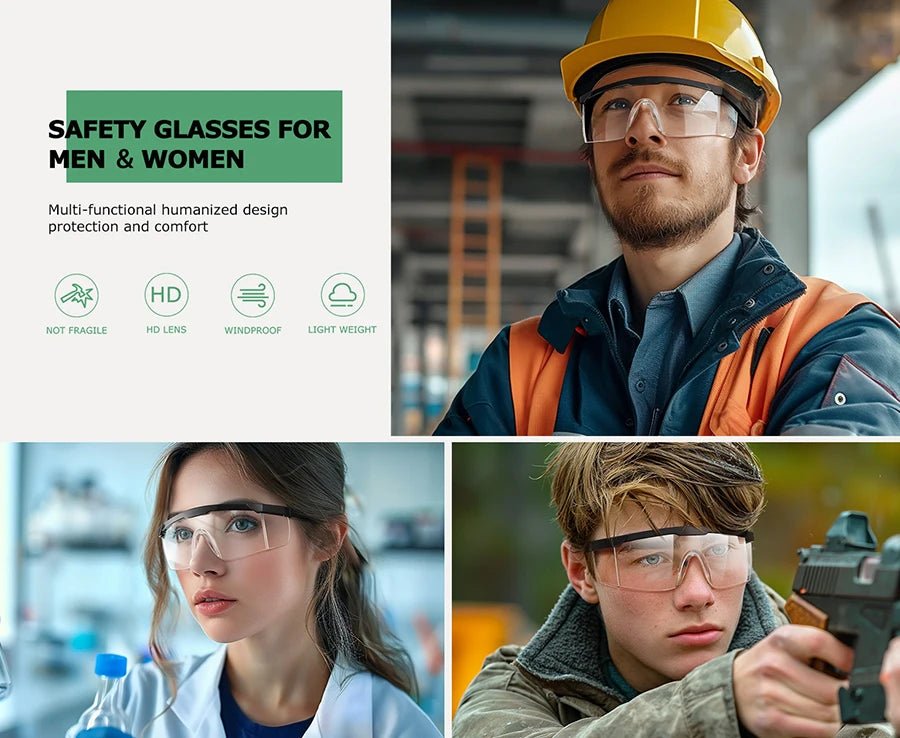 Clear anti-fog safety goggles with over-spec design, ANSI Z87 approved, wide-vision protective eyewear for industrial work and labs.