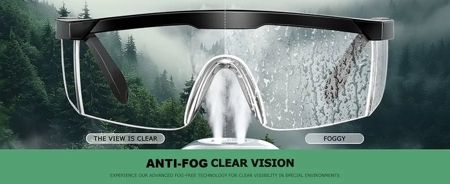 Clear anti-fog safety glasses with over-spec design, ANSI Z87 approved, wide vision protective eyewear for industrial and lab use.