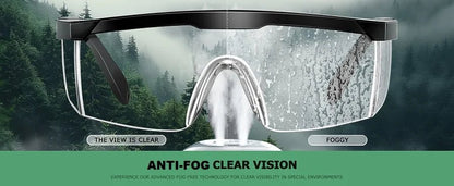 Clear anti-fog safety glasses with over-spec design, ANSI Z87 approved, wide vision protective eyewear for industrial and lab use.
