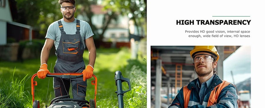 Clear anti-fog safety glasses with wide-vision design, protective over-spec goggles, ANSI Z87 approved for industrial and lab use.