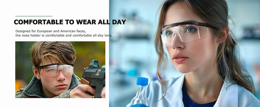Clear anti-fog safety glasses with wide-vision design, protective over-spec goggles, ANSI Z87 approved for industrial and lab use.