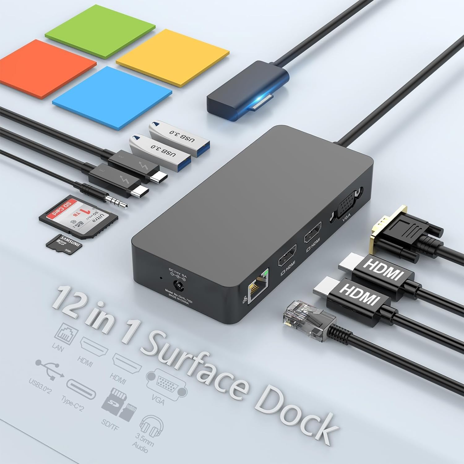 Microsoft Surface Pro docking station with triple display ports, including 2 4K HDMI and VGA, compatible with Surface Pro and Surface Book.
