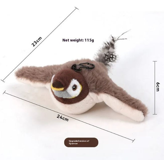 PVC flapping bird cat toy with a shake-sparrow design from BackupMyFilesNow.com, shown in its packaging.