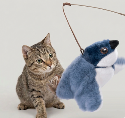PVC flapping bird cat toy with a shakeable body in packaging, designed to entertain cats with realistic bird movements.