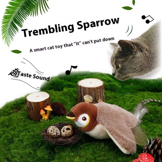PVC flapping bird cat toy with feather details in packaging, designed to entertain cats with movement and sound.
