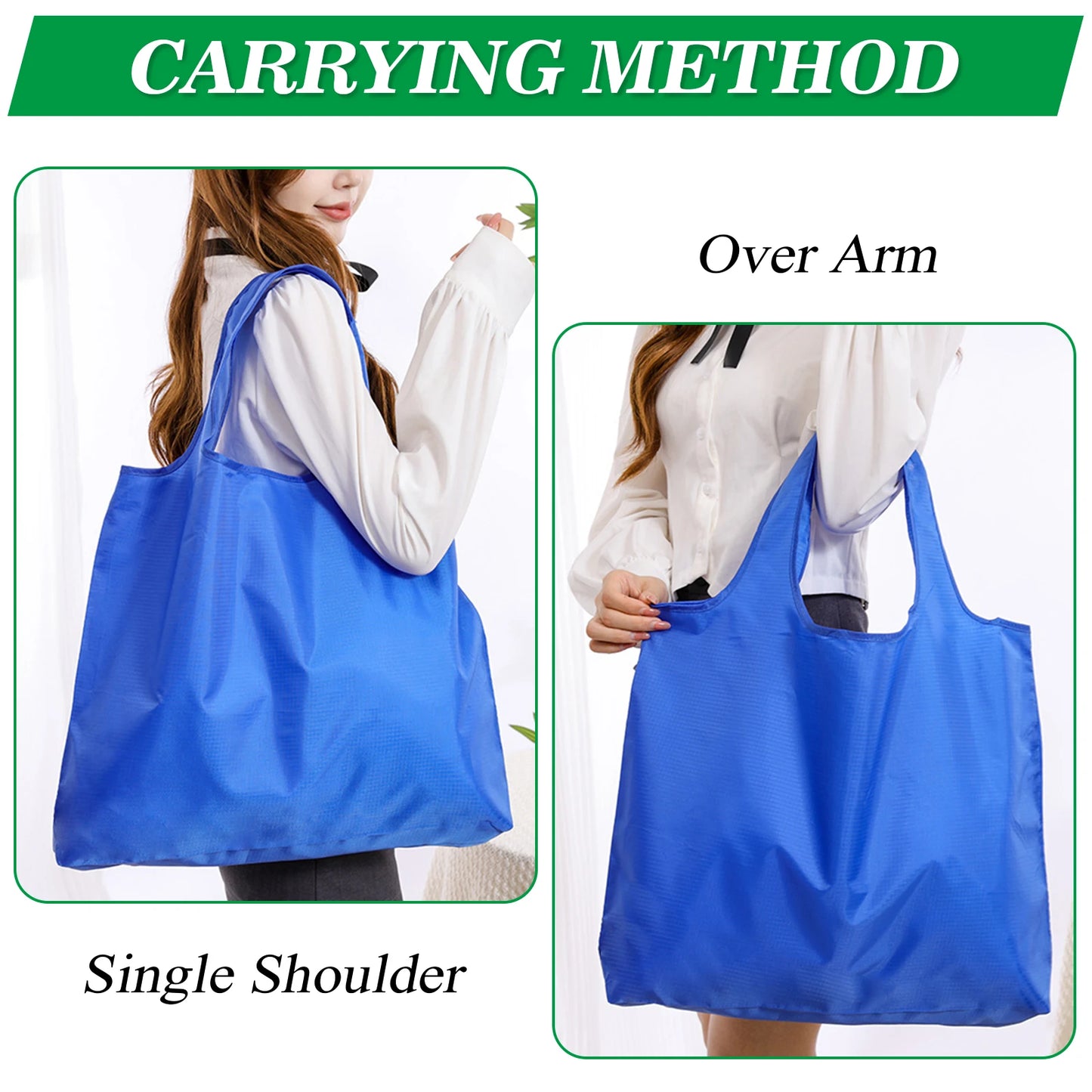 Set of four reusable, foldable grocery bags from BackupMyFilesNow.com, machine washable and eco-friendly shopping tote bags.