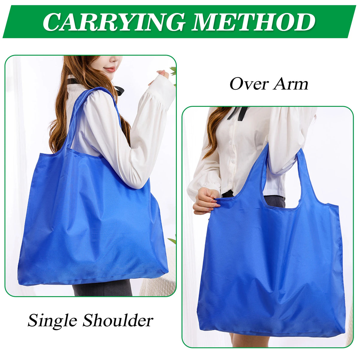 Set of four reusable, foldable grocery bags from BackupMyFilesNow.com, machine washable and eco-friendly shopping tote bags.