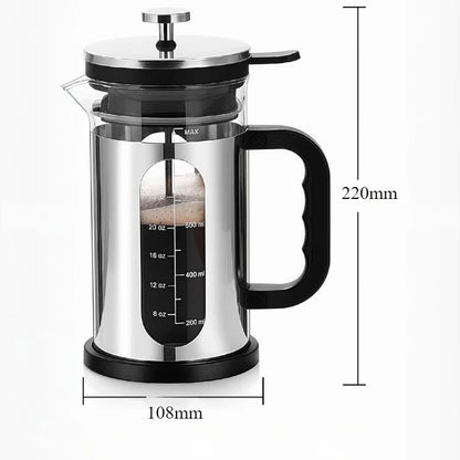 Silver 1000ml French press coffee maker with durable glass carafe, reusable filters, and heat-resistant design for household use.