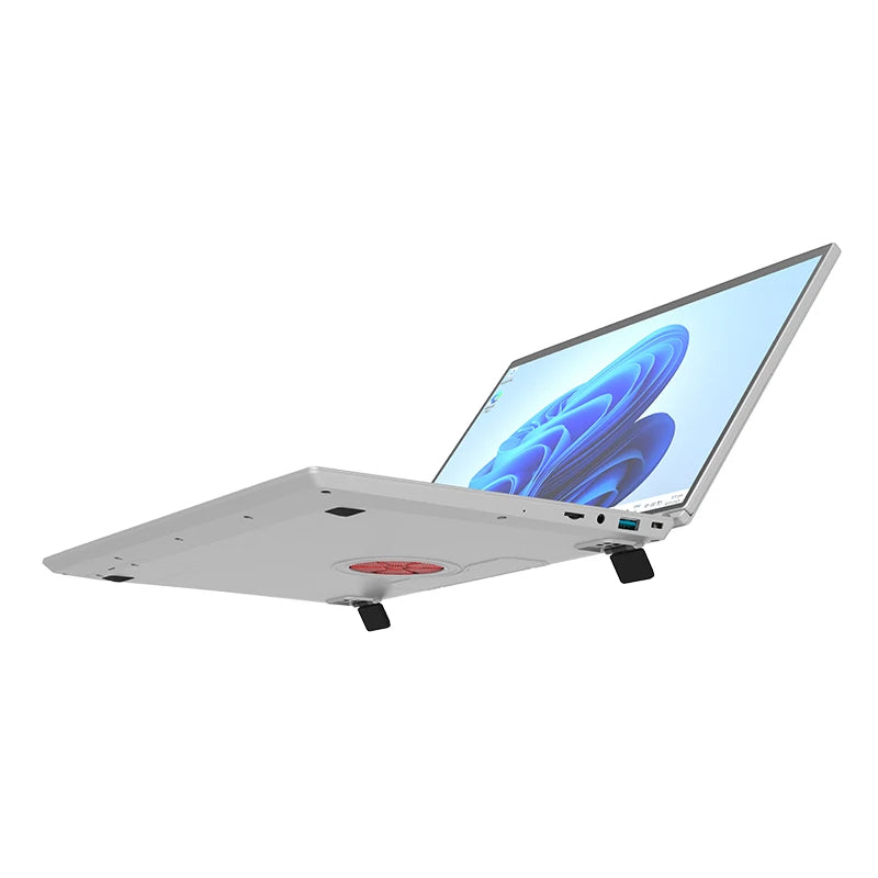 Silver BackupMyFilesNow 14-inch 2-in-1 tablet and laptop with 1900x1200 IPS touchscreen, Intel N95 quad-core, 16GB RAM, 512GB SSD.