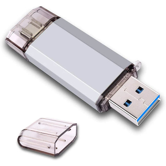 Silver OTG USB flash drive with 128GB capacity, Type-C connection, USB 3.0, compatible with Android and PC devices.