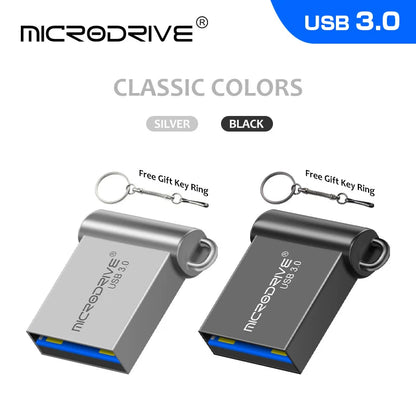 Silver USB flash drive with high-speed USB 3.0, available in 16GB to 128GB storage options, compact and portable.