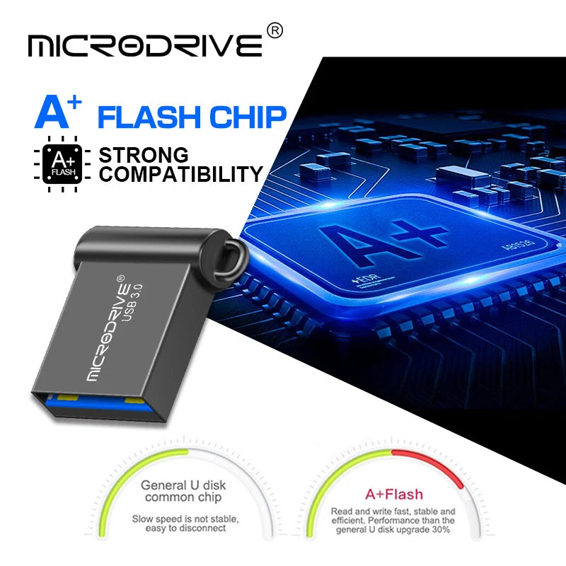 Silver USB 3.0 flash drive with 128GB capacity, compact mini design, high-speed data transfer, ideal for portable storage.