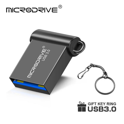 Silver USB flash drive with high-speed USB 3.0, available in 16GB, 32GB, 64GB, and 128GB capacities.