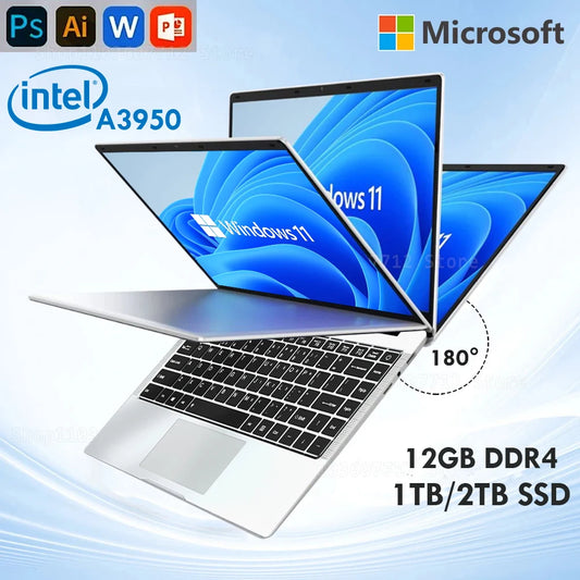 Xiaman Laptop Computer with Windows 11 Pro, Intel Atom A3950, 12GB RAM, 1TB SSD, 1920x1080 display in silver color.