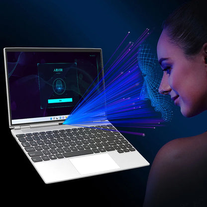 Silver 14-inch touchscreen 2-in-1 Yoga laptop with Intel N95, 16GB RAM, 32GB storage, Face ID unlock, portable metal design.