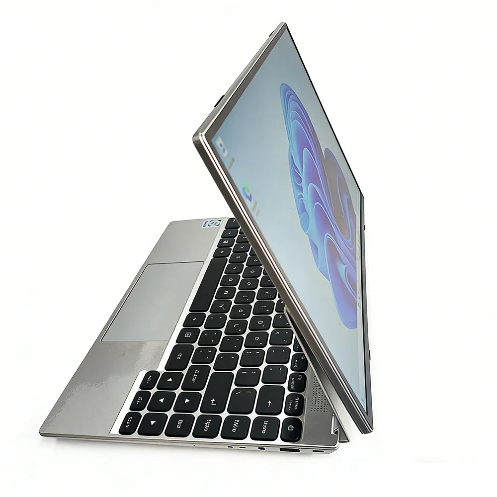 Silver 14-inch touchscreen 2-in-1 Yoga laptop with Intel N95, 16GB RAM, 32GB storage, Face ID, metal body by BackupMyFilesNow.