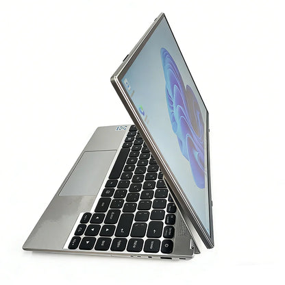 Silver 14-inch touchscreen 2-in-1 Yoga laptop with Intel N95, 16GB RAM, 32GB storage, Face ID, metal body by BackupMyFilesNow.
