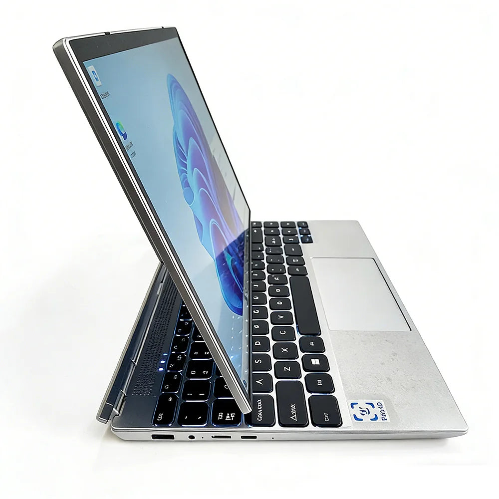 14-inch silver portable tablet laptop with 2-in-1 design, touch screen, Intel N95, 16GB RAM, 128GB SSD, Face ID, metal body.