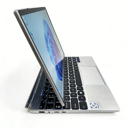 14-inch silver portable tablet laptop with 2-in-1 design, touch screen, Intel N95, 16GB RAM, 128GB SSD, Face ID, metal body.