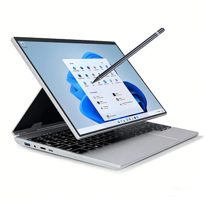 Silver 14-inch touchscreen Yoga 2-in-1 portable tablet laptop with Intel N95, 16GB RAM, 128GB SSD, Face ID, metal design.