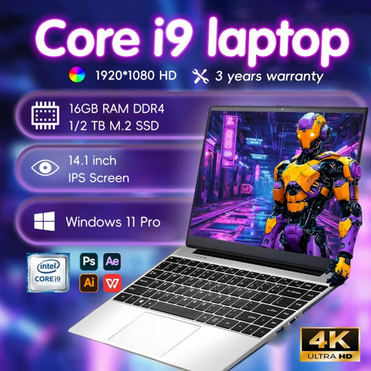 Silver Windows 11 Pro gaming laptop with Intel Core i9, 16GB RAM, 1TB SSD, 1920x1080 display, suitable for office and gaming.