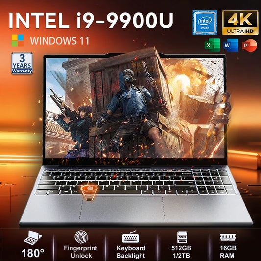 Silver portable Windows 11 laptop with 15.6-inch display, Intel Core i9, 16GB RAM, 1TB and 2TB SSD, fingerprint scanner, for office and gaming.
