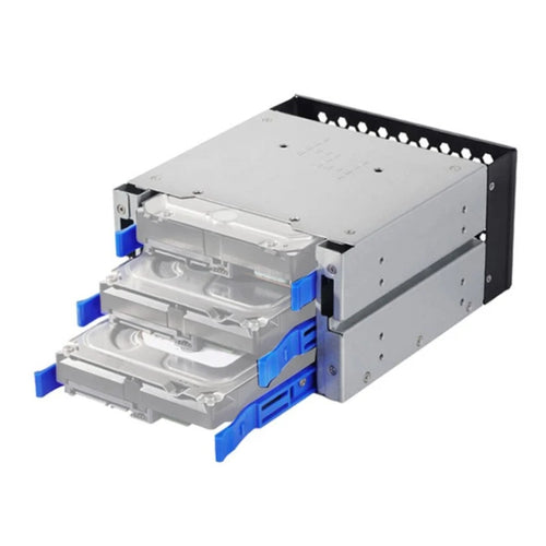 Silver 3.5 to 5.25 inch three-disc hard drive cage with two drives inside, used for computer storage expansion.