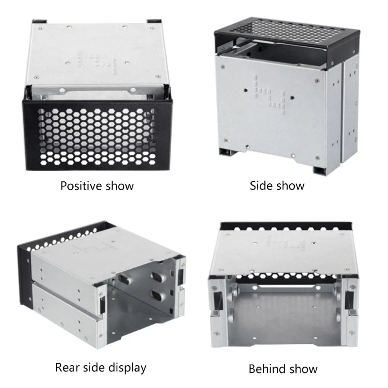 Silver 3.5 to 5.25-inch three-disc hard drive cage with two drives installed, designed for computer storage expansion.
