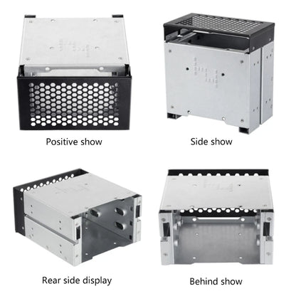 Silver 3.5 to 5.25-inch three-disc hard drive cage with two drives installed, designed for computer storage expansion.