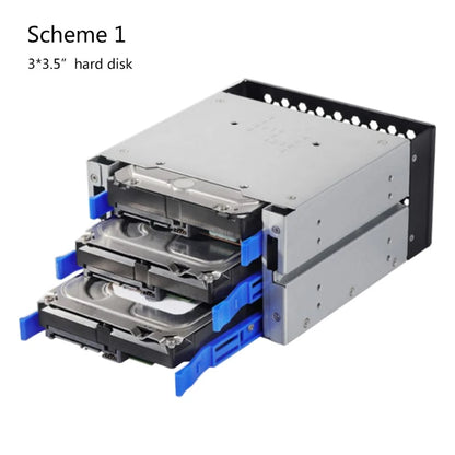 Silver 3.5 to 5.25-inch three-disc hard drive cage with two chassis drives for computer storage expansion.