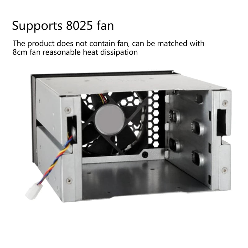Silver 3.5 to 5.25-inch hard drive cage with three discs, designed for computer storage expansion and chassis drive installation.