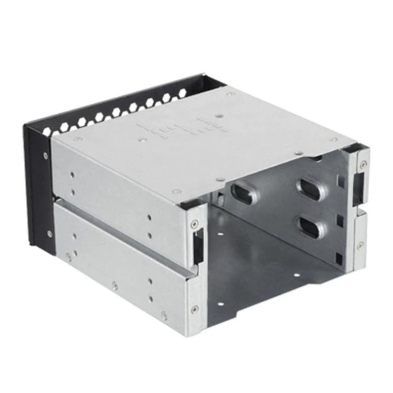 Silver 3.5 to 5.25-inch three-disc hard drive cages with two chassis drives for computer storage expansion in a hard drive box