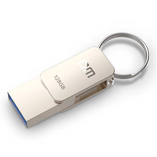 Silver BackupMyFilesNow DM PD059 32GB 64GB USB-C OTG USB 3.0 flash drive with compact design for smartphones and data storage.