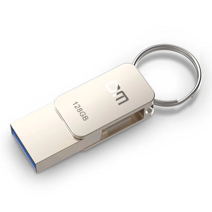 Silver BackupMyFilesNow DM PD059 32GB 64GB USB-C OTG USB 3.0 flash drive with compact design for smartphones and data storage.