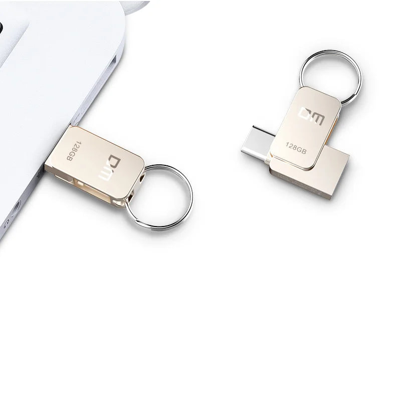 Silver BackupMyFilesNow DM PD059 32GB 64GB USB-C OTG USB 3.0 flash drive for smartphones and data storage.