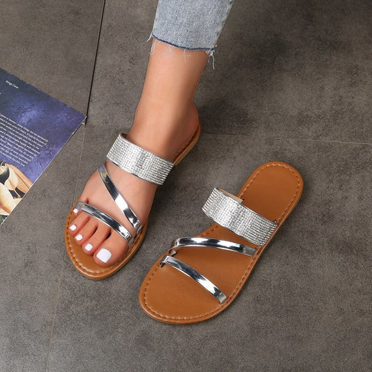 Rhinestone women's flat summer slippers in large size with sparkly embellishments, stylish and comfortable for warm weather wear.