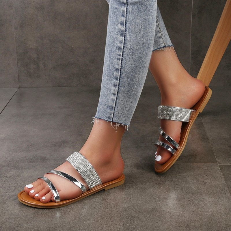 Rhinestone women's flat summer slippers in large size with sparkling embellishments, stylish and comfortable footwear from BACKUPMYFILESNOW.COM®