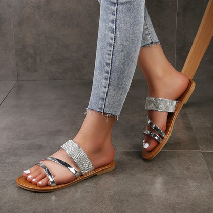 Rhinestone women's flat summer slippers in large size with sparkling embellishments, stylish and comfortable footwear from BACKUPMYFILESNOW.COM®