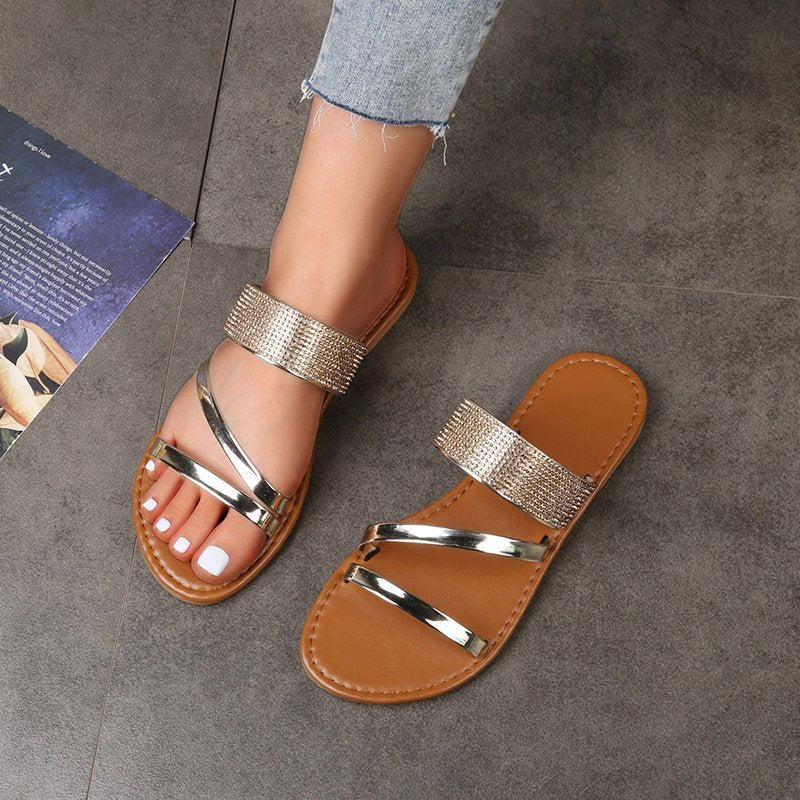 Rhinestone women's flat summer slippers in large size, stylish open-toe slip-ons with sparkling embellishments, by BACKUPMYFILESNOW.COM®