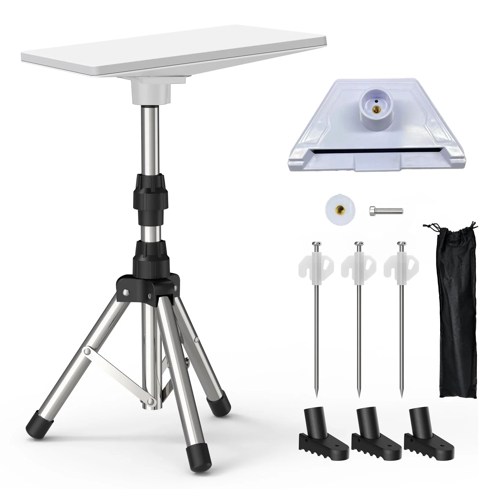 Silver 8-inch Starlink Mini tripod mount with adjustable height and tilt for satellite installation by BACKUPMYFILESNOW.COM®.