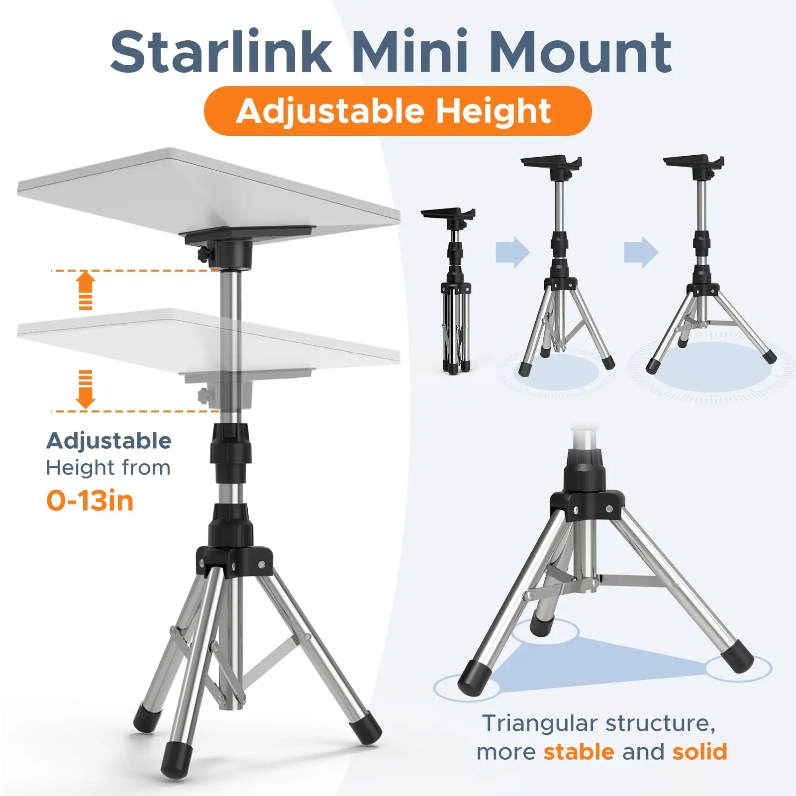 Silver 8-inch Starlink Mini tripod mount with adjustable height and tilt for satellite dish setup, featuring Ethernet port access.