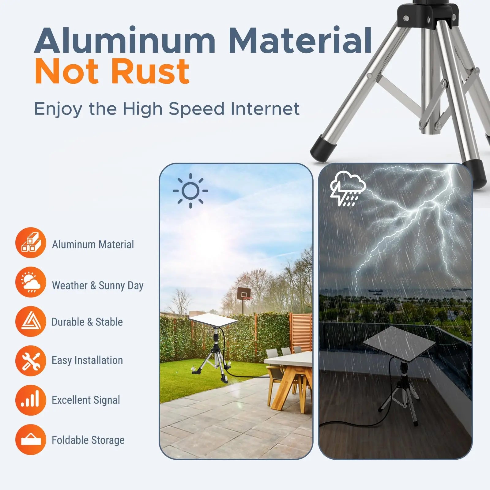 Silver 8-inch Starlink Mini tripod mount with adjustable height and tilt for Ethernet satellite setup, by BACKUPMYFILESNOW.COM®.