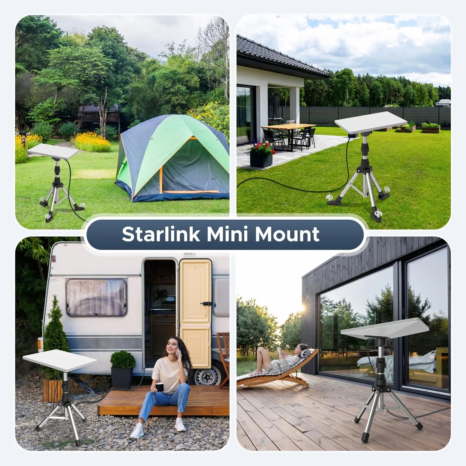Silver 8-inch Starlink Mini tripod mount with adjustable height and tilt, designed for satellite and Ethernet installation.
