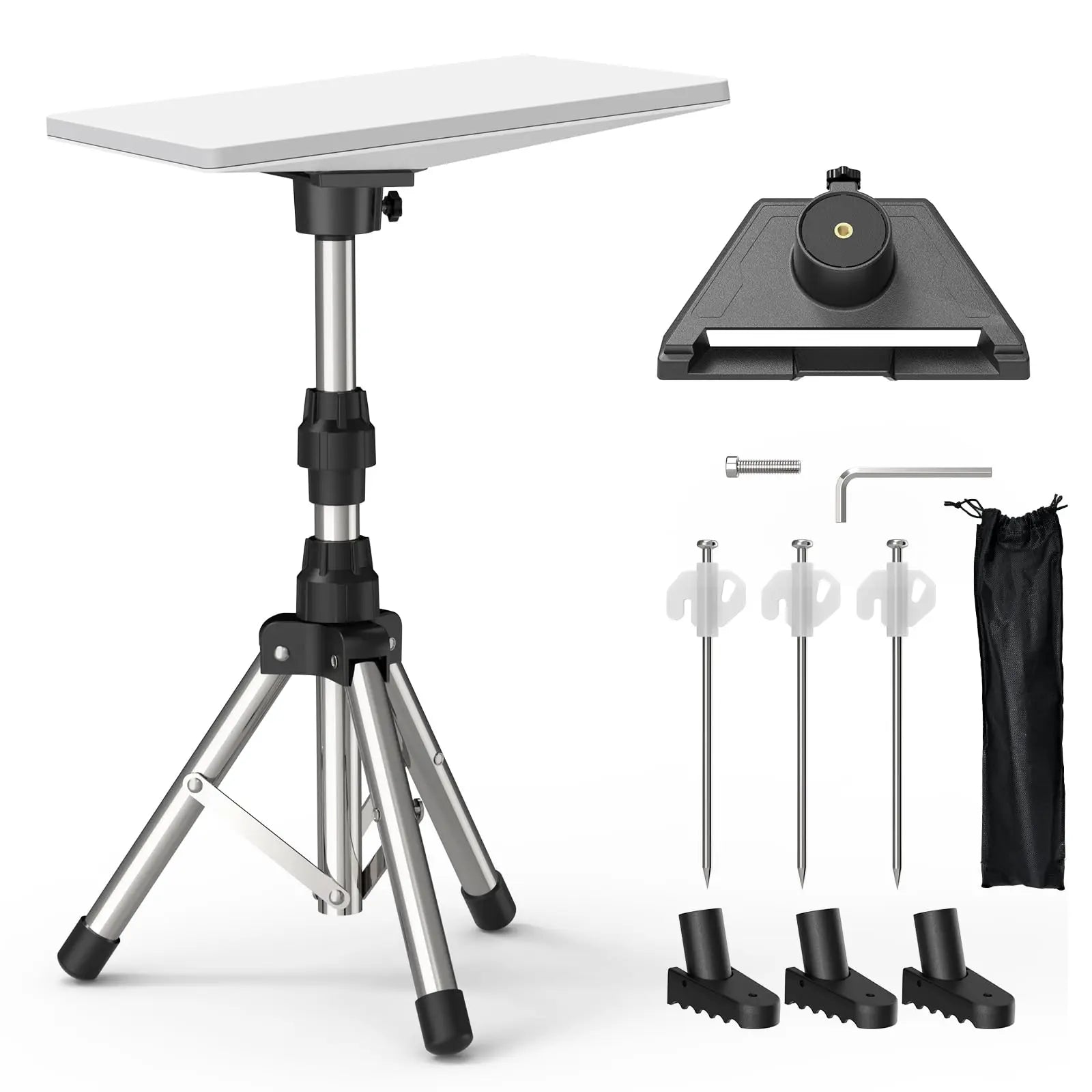 Silver 8-inch Starlink Mini tripod mount with adjustable tilt and height for satellite setup, featuring Ethernet port and stand bracket.